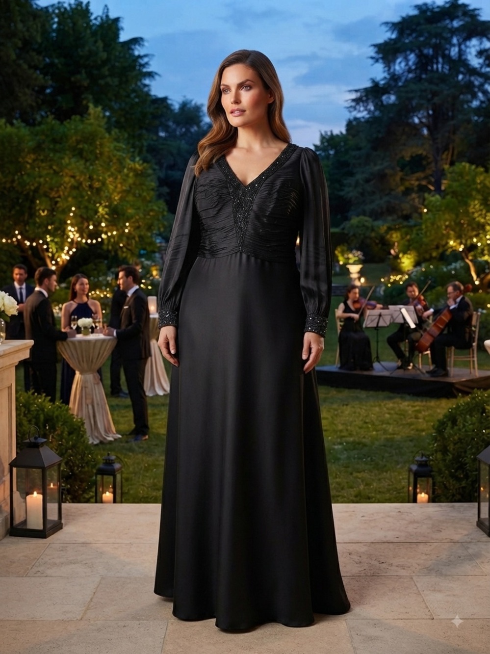 Black Long-Sleeve V-Neck Evening Dress with Beaded Details